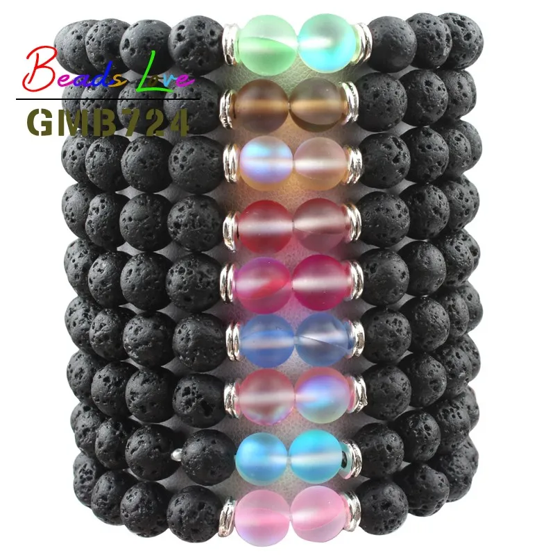 

Fashion Natural Black Lava Stone Beads Bracelet for Women Men Matte Crystal Moonstone Strand Couple Charm Bracelets Jewellery