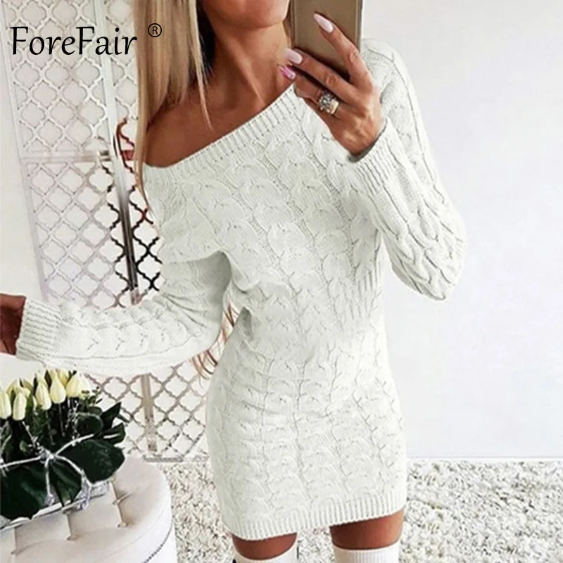 White Dress Forefair, сексуальное облегающее мини платье-свитер, женское,, трикотаж, осень, повседневное, модное, зимнее, черное, желтое, белое, теплое, вязаное платье - Цвет: White Dress