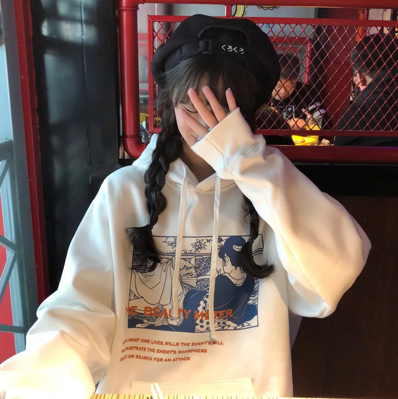 Осенняя толстовка с капюшоном, женская одежда в Корейском стиле Ulzzang Harajuku, свободные толстовки с принтом, Женская флисовая толстовка с капюшоном и длинным рукавом
