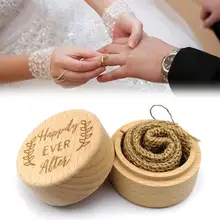 Vintage caja redonda para anillo de madera decoración de fiesta boda compromiso rústico anillo caja anillos titular felices para siempre impreso A35