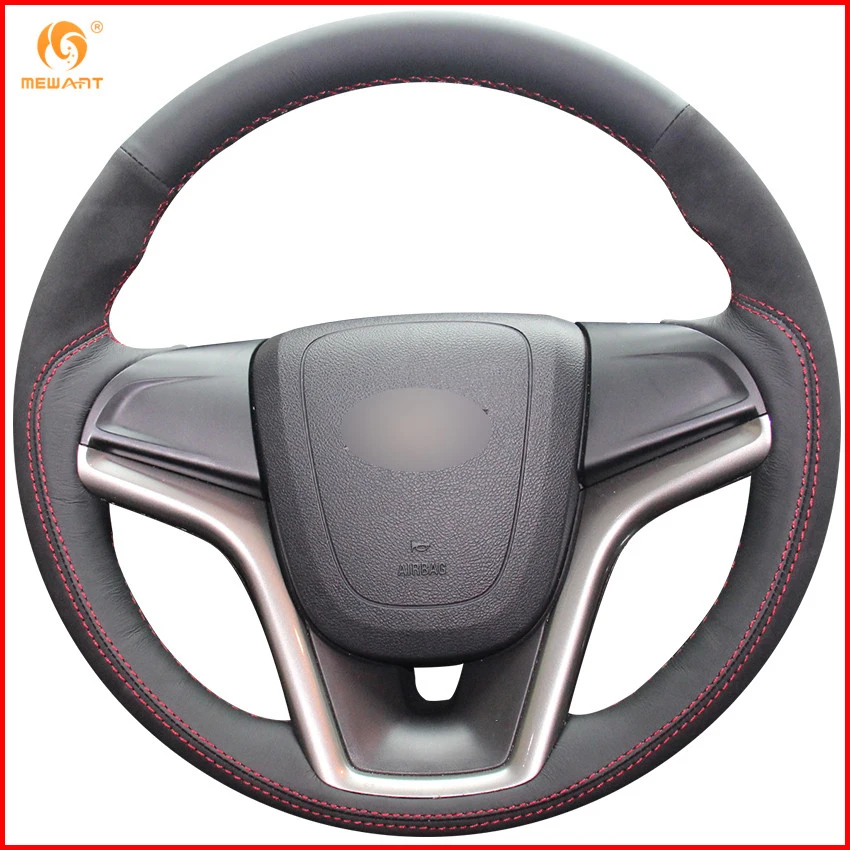 Mewant Black Genuine Leather Black Suede Car Steering Wheel Cover For