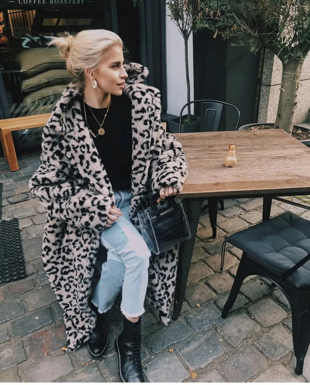 Withered winter woolen overcoat women england vintage Leopard Print Lamb hair drop shoulder oversize thick trench coat women top