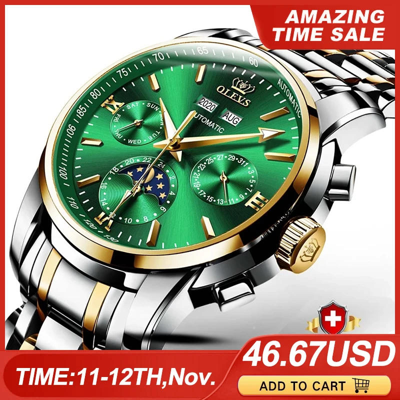OLEVS Men Mechanical Watch Luxury Automatic Moonphase Stainless Steel Waterproof Business Sport Wristwatch Men relogio masculino afbeelding