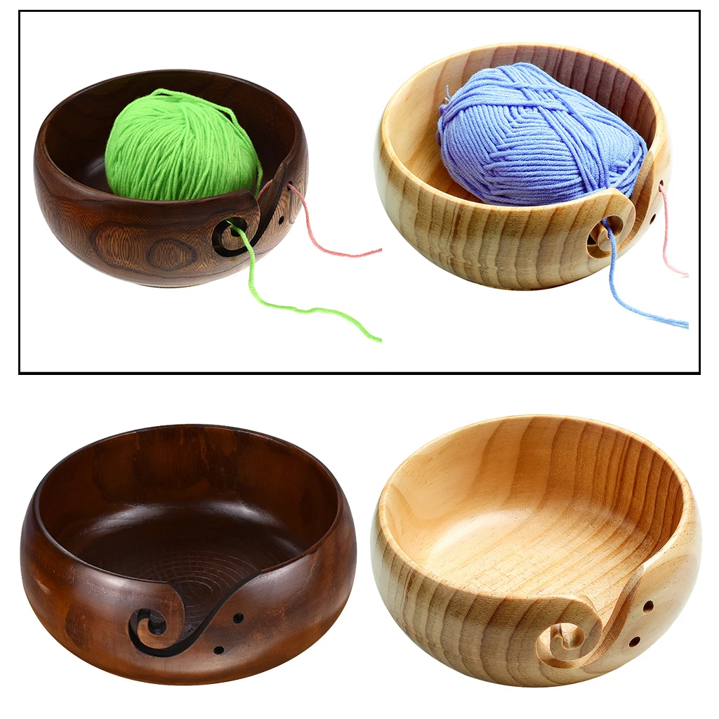 Wooden Yarn Bowl Knitting Crochet Woolen Storage Organizer Bowl With Carved Hole