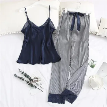 

2020 New Women Pajamas Sets Satin Sleepwear 2 Pieces Pyjamas Sexy Lace Sleep Lounge Sleeveless Pijama Silk Nightwear