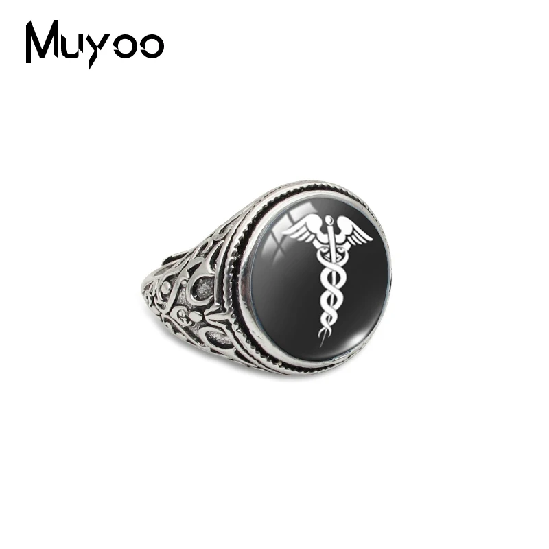 

New Fashion R&N Caduceus Medical Symbol Antique Rings Kingdom Jewelry Medical Symbol Jewelry Glass Dome Rings