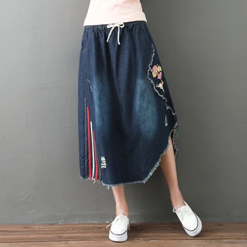 

Plus Size Jeans Skirt Women 2019 Autumn Elastic Waist Flower Embroidery Denim Skirt Women Long A-Line Irregular Hem Skirts