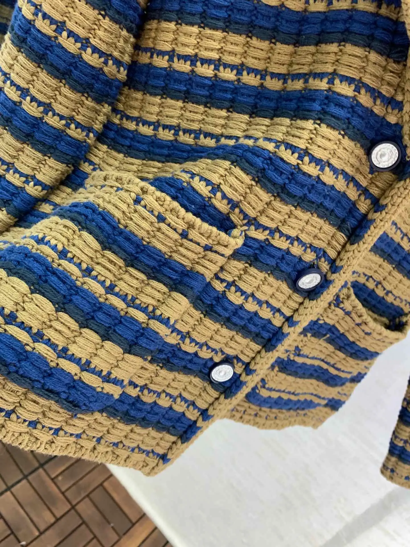 Женский модный полосатый вязаный кардиган с длинным рукавом и отворотом, свитер 1205