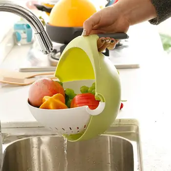 

OUNONA Double-layer Drain Basket Leak Basin Plastic Rotatable Fruit Washing Basket Houshold Kitchen Vegetable Strainer Basket