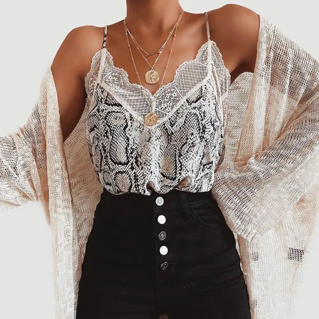 Fashion Women Summer Lace Top Leopard Snake Print Tank Elegant Loose V Neck Vest Ladies Strappy Camisa Feminina Debardeur #y3 | Женская