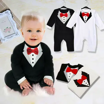 Toddler Kid Infant Baby Boy Clothes Gentleman Suit Long Sleeve Romper Bow Tie Jumpsuit One-piece Outfit Baby Clothing 0-3T