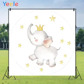 

Yeele Happy Birthday Cute Elephant Crown Golden Stars Background Photophone Photo Studio Photography for Decor Customized Size