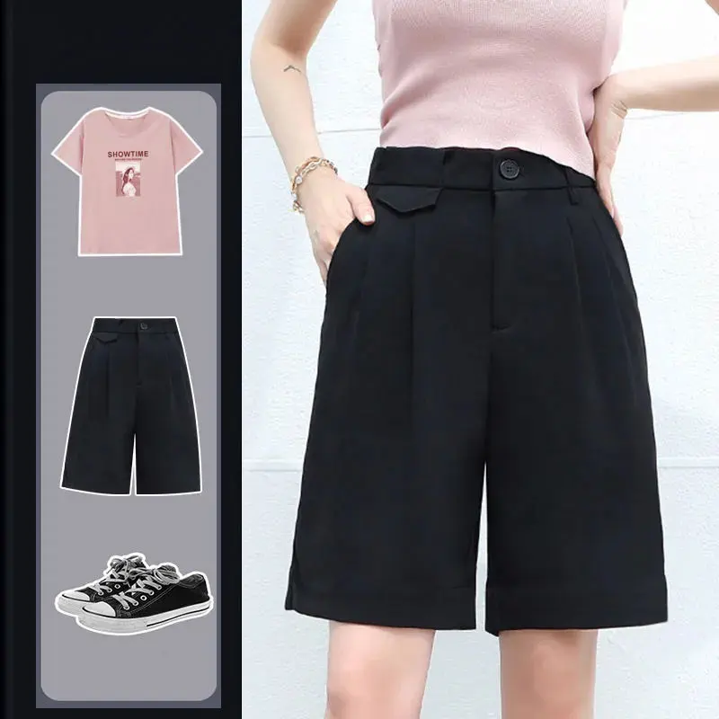 black shorts Black five-point suit shorts female large size 2021 summer new fashion high waist loose straight wide leg casual overalls shorts workout clothes for women Shorts