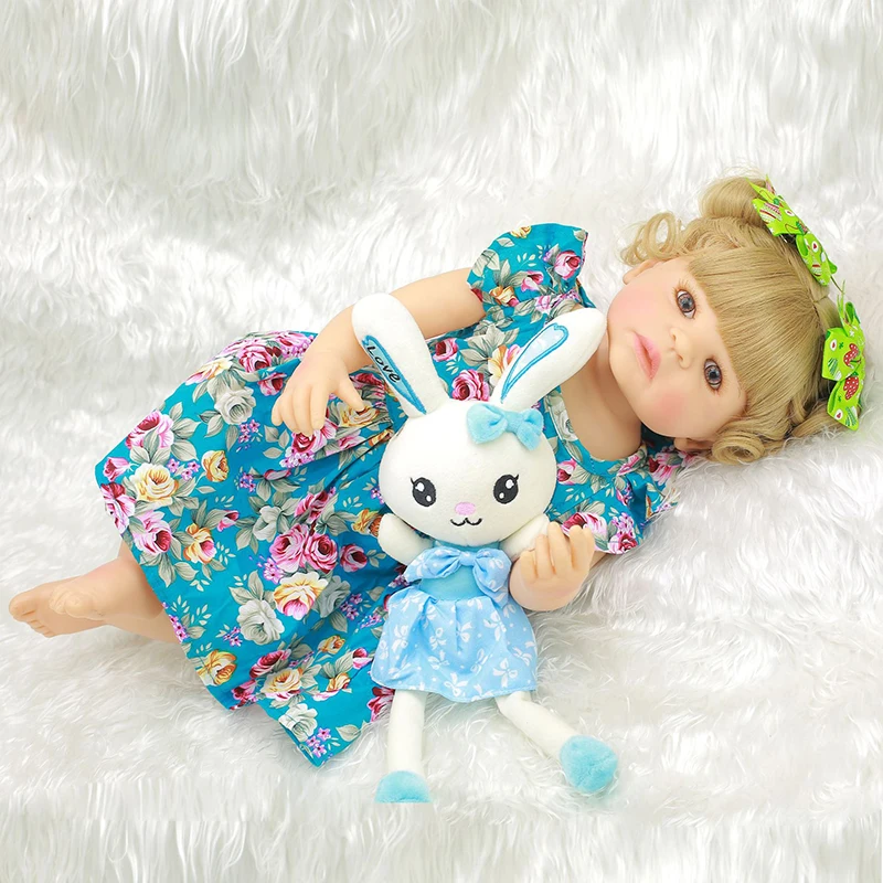 55 см Reborn Baby Doll игрушка полный Силиконовый Кролик Синий платье ткань тело короткие волосы Реалистичная кукла Малыш Дети сопроводительная игрушка