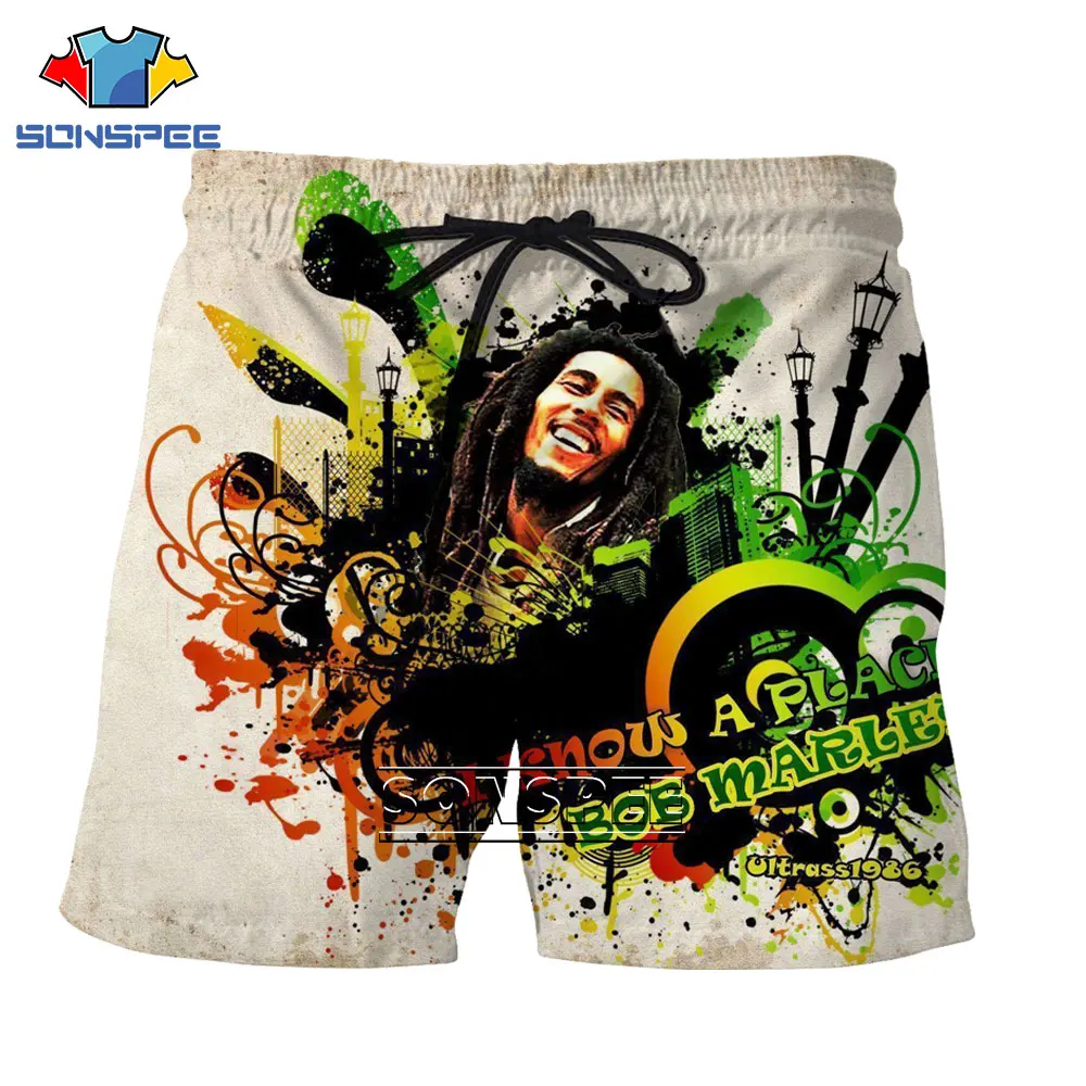 SONSPEE 3D Bob Marley Singer Printed Shorts Reggae Hip Hop Street Casual Beach Fashion Men's Fun Sports Pants Oversized Clothing