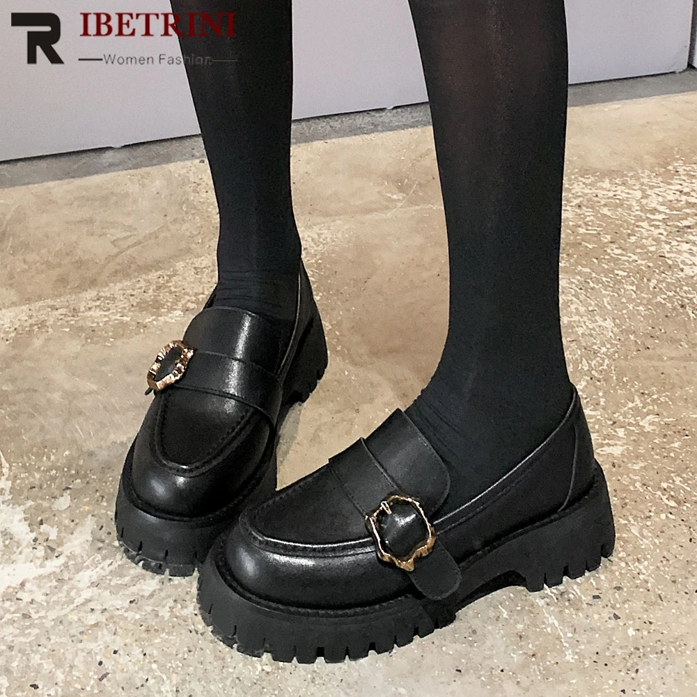 

RIBETRINI Brand Female Shoes Woman Genuine Leather Platform Chunky Heels Spring Flats Women Buckle Round Toe Slip On Flats