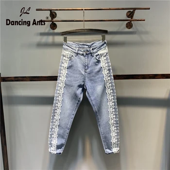 

Woman Jeans High Waist Loose Harem Pants European Style Side Lace-Patchwork Office Lady Zipper Fly Female Long Pants 2020 Spring