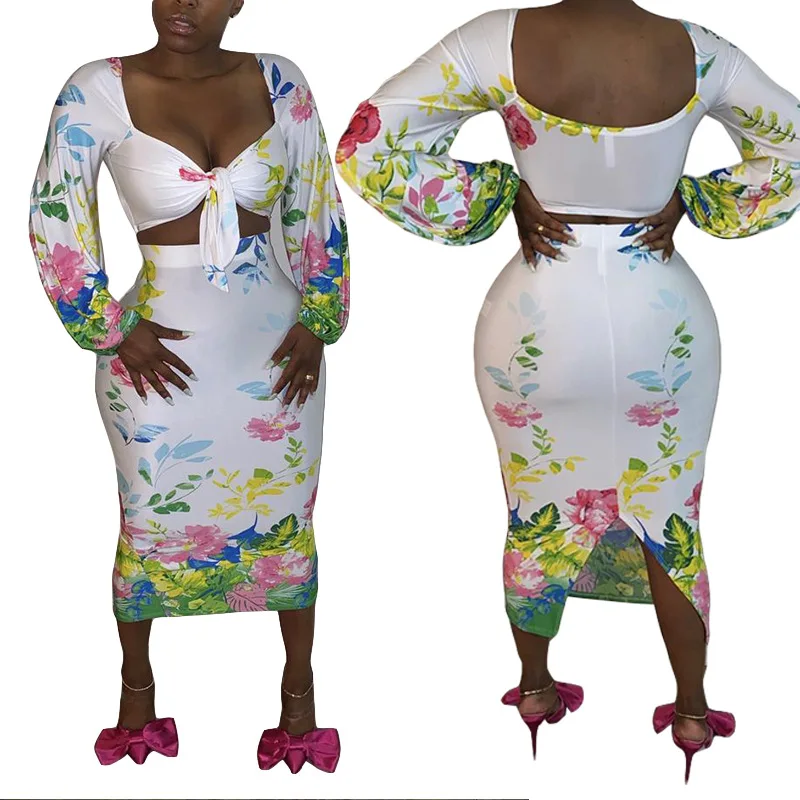 

Solid-color Floral Print Lace Up Long Sleeves Strapless Sexy Crop T-shirt & Skirt Women Suit Fashion Two Piece Set