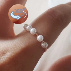 ZHOUYANG Imitation Pearls Fidget Rings For Women Adjustable Anxiety Ring Rotatable Spinner Ball Stress Relieving Jewelry KBR037
