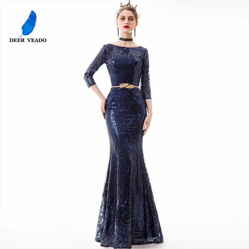 DEERVEADO Sexy Mermaid Evening Dress Long Formal Party Dresses Evening Gown Sequins Lace Occasion Dresses with Belt YS455