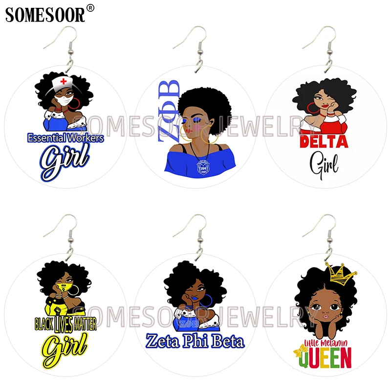 

SOMESOOR Essential Wokers Girl Little Melanin Queen Wooden Both Sides Printing Fashion Drop Earrings For Women Gifts