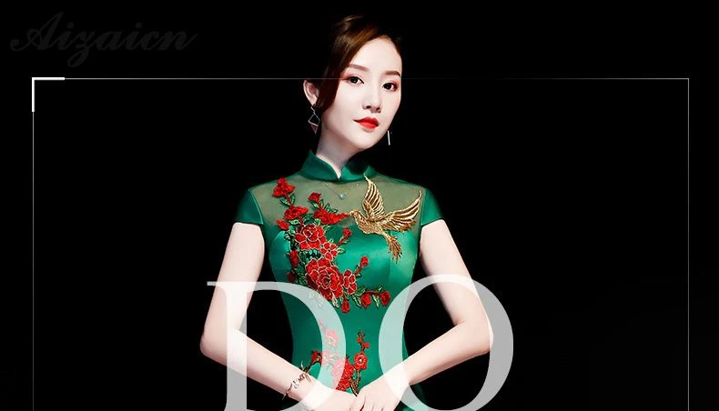 Зеленый Русалка Тонкий Cheongsam современный хост платья Qi Pao для женщин традиционное китайское вечернее китайское платье-Ципао Продвижение Женская Роба в восточном стиле