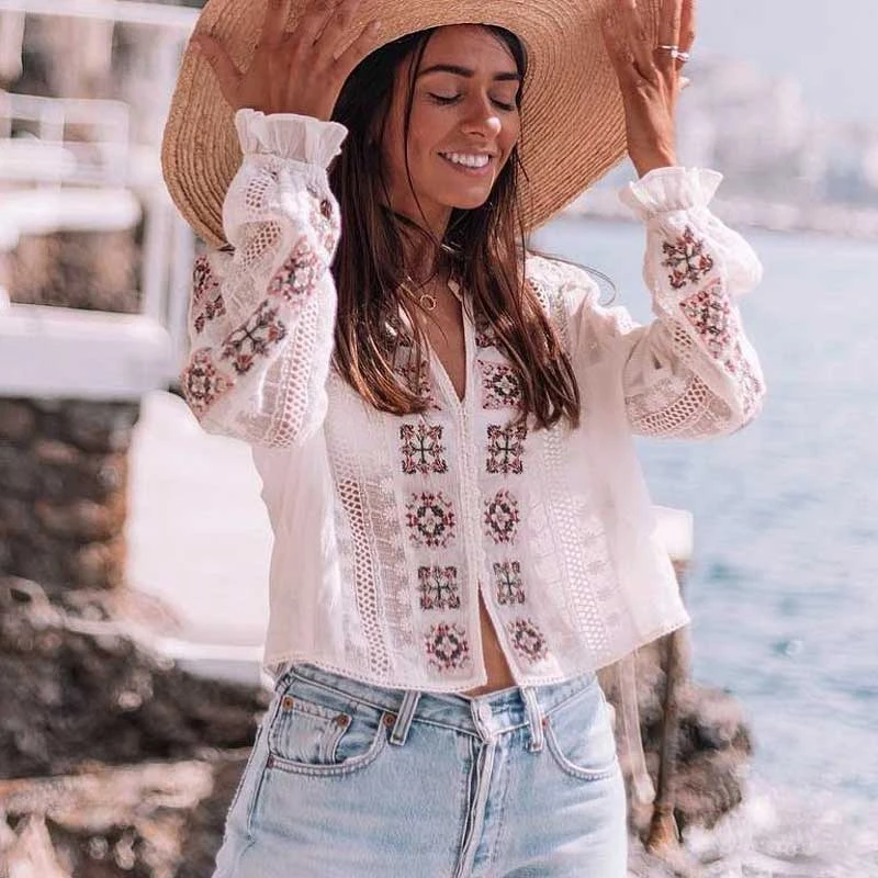 de inspiración Bohemia para blusa blanca bordada Vintage de manga larga, camisas de encaje, blusas bohemias casuales 2020|Blusas y camisas| - AliExpress