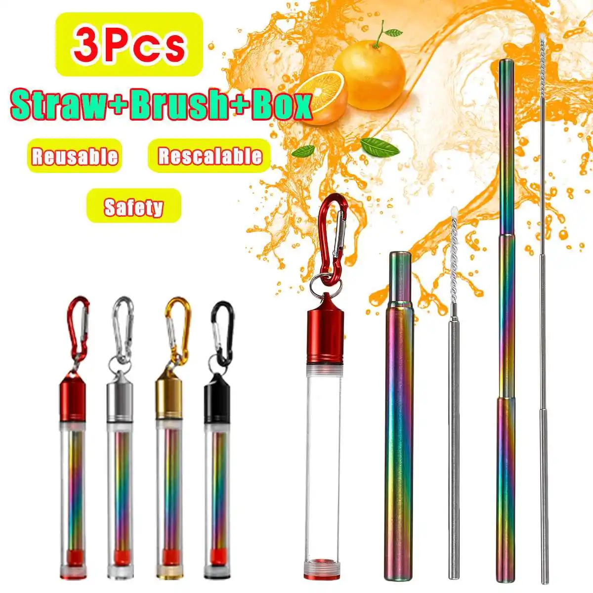 

Portable Telescopic Stainless Steel Straw Metal Reusable Collapsible Drinking Straw Foldable Eco Colorful Drink Straws w/ Brush