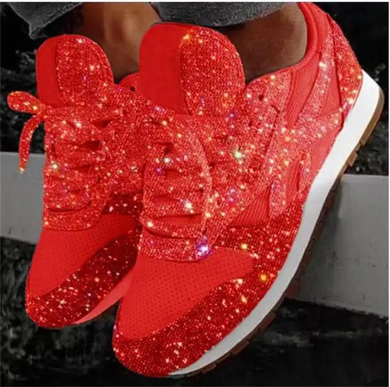 Шикарные женские кроссовки; коллекция года; сезон осень; Повседневная Женская Вулканизированная обувь на плоской подошве; дышащая Уличная обувь на шнуровке с блестками; Zapatos De Mujer - Цвет: red