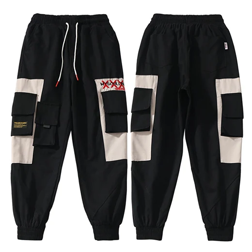 В стиле хип брюки карго Цвет блок с несколькими карманами Мужские штаны для бега уличная Harajuku военный тактический штаны зеленого цвета из хлопка - Цвет: A33M842 Black