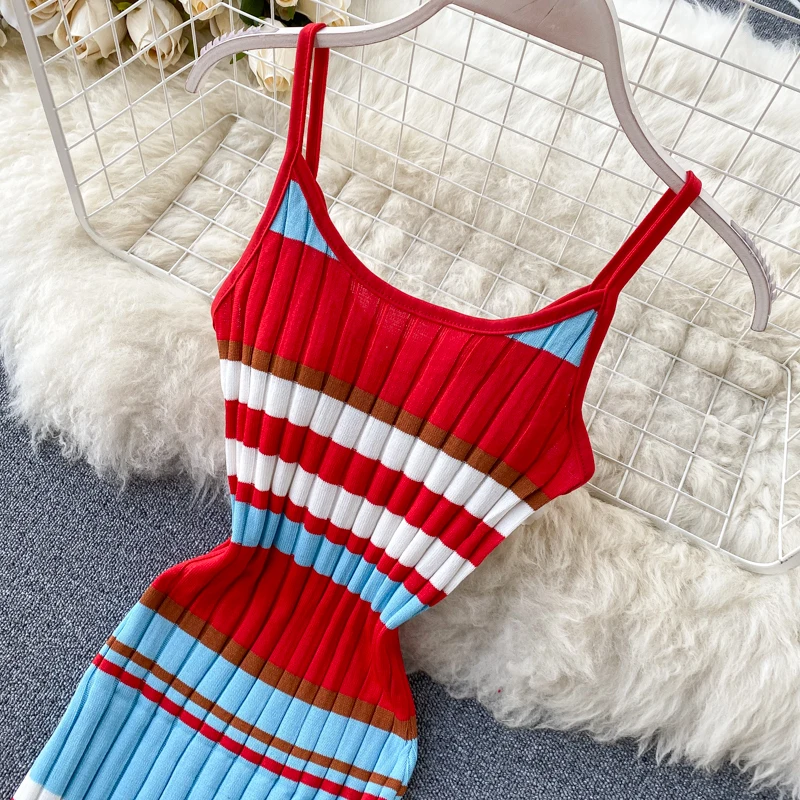 Vintage 2020 V Neck sexy striped print Slim Bodycon Knitted short Dress Summer Party Women spaghetti strap dress Club dresses