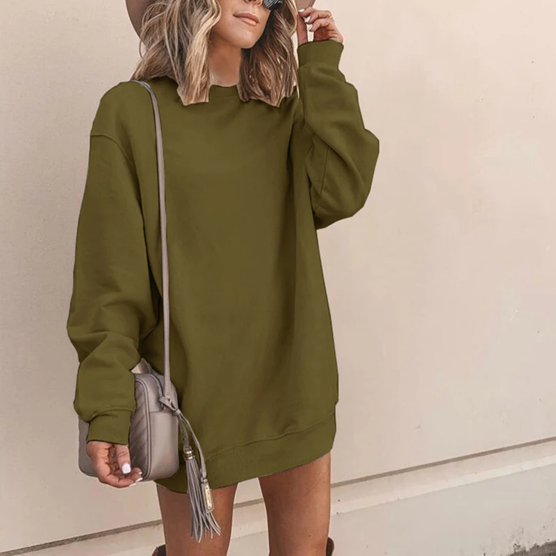 

Long Sleeve Hoodies Sweatshirts Casual Dress Jumper Loose Fit Round Neck Solid Color Pullover Sport Autumn Dress
