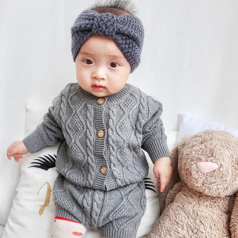 Kids Clothing Set Toddler Girls Boys Autumn Winter Knit Sweater Cardigan + Shorts
