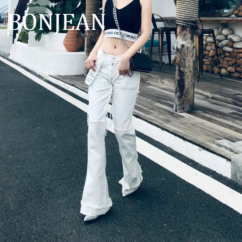 Bonjean свободные джинсы для женщин 2019 осенние брюки белые джинсы Брюки с карманами повседневные Длинные Брюки расклешенные брюки BJ1796