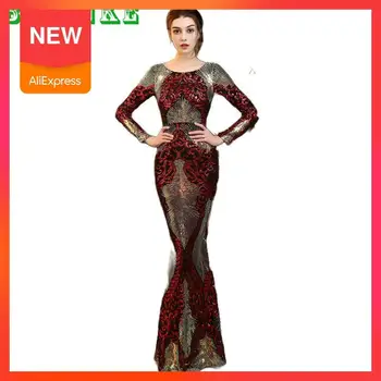 

2020 New Fashion High-end Sequin Fish Tail Long Sleeve Women's Long Dress Party Sexy Night Club Beaded Fish Tail Dress