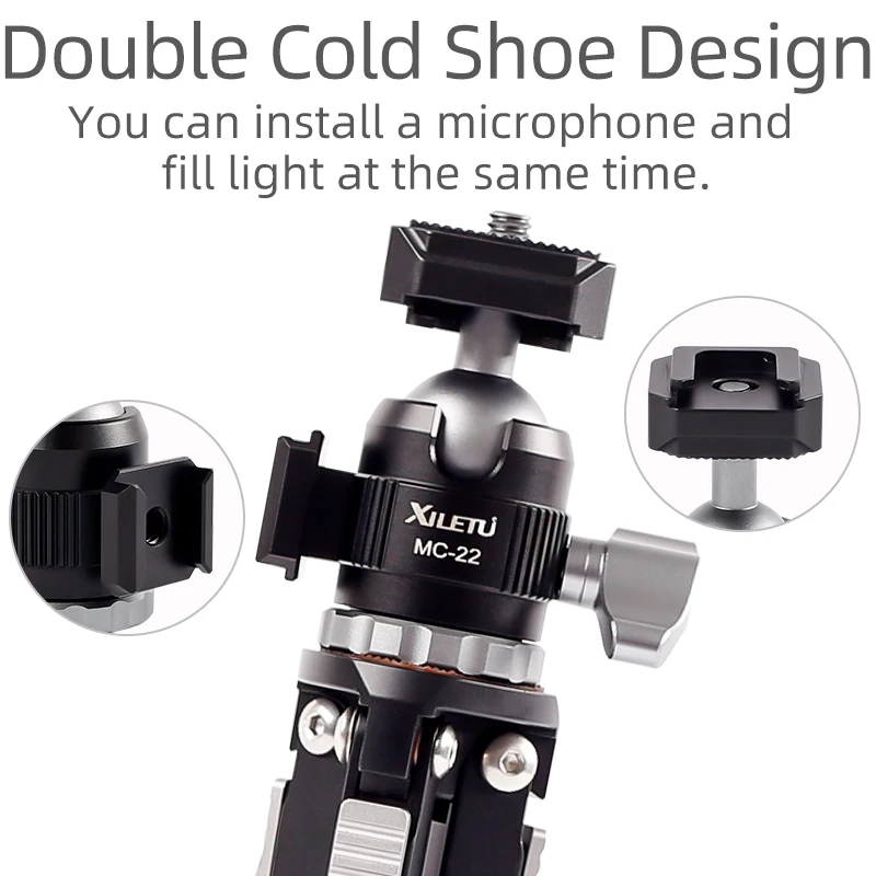 XILETU MC22 Mini Cold Shoe Ball Head Dual Use 1/4 Screw Cold Shoe Aluminum Alloy for Camera Phone Speedlite Tripod Selfie Stick cold shoe ball head