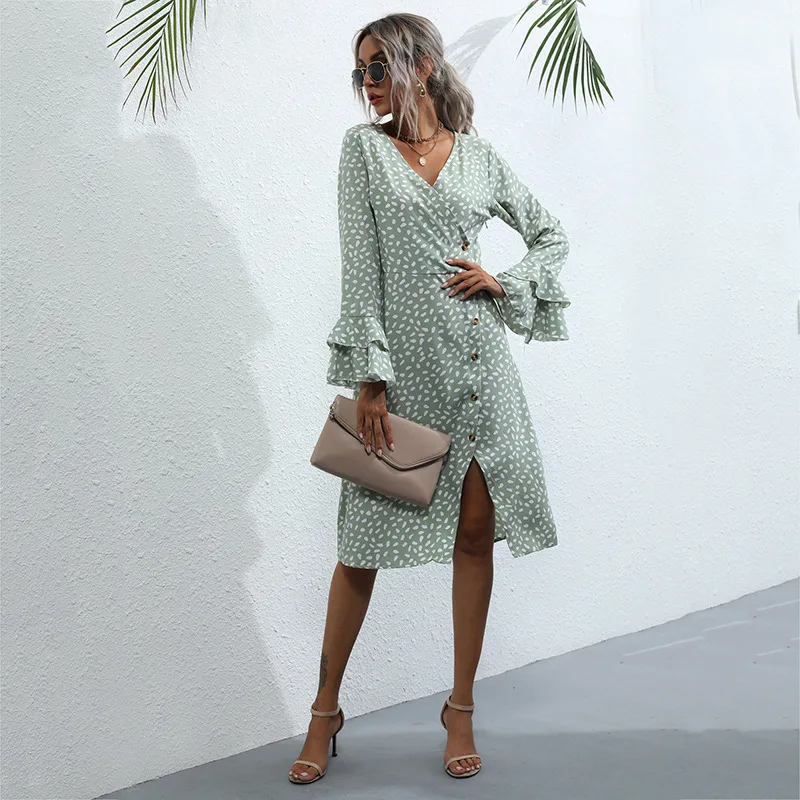 

2020 Fall Midi Dress Women Autumn Long Sleeve V Neck Button Front Dresses for Ladies Elegant Clothing Floral Dot Office Wear New