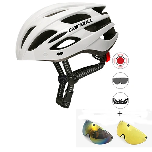 Cairbull Light Cycling Helmet with Removable Visor Goggles Bike Taillight Intergrally-molded Mountain Road MTB Helmets 226g - Color: white with 3 lens