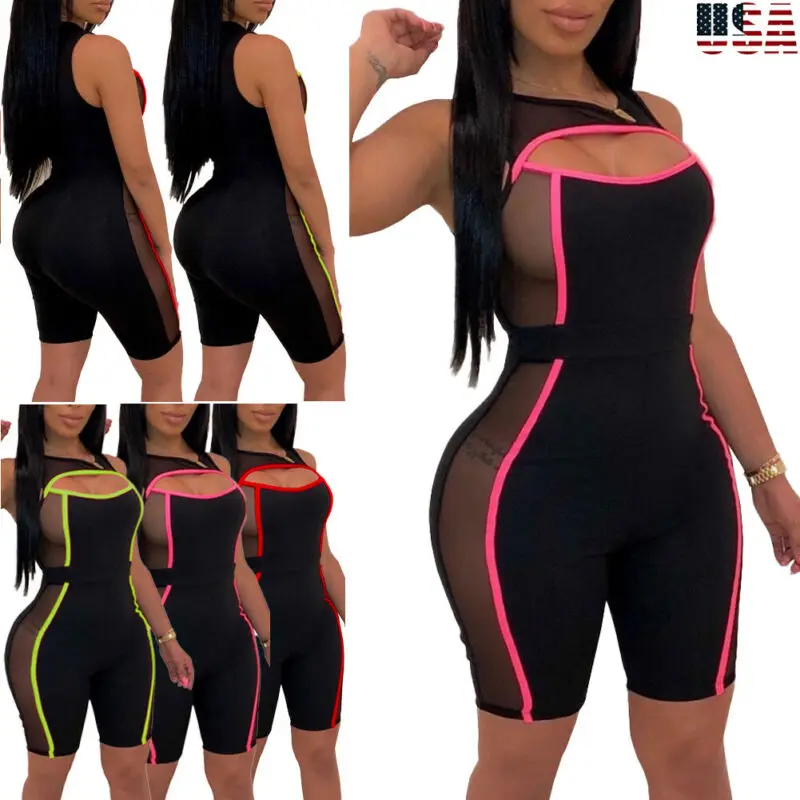 

2019 New Women Sleeveless U-Neck Solid Bodycon Playsuit One-piece Clubwear Sport Short Jumpsuit Romper Leotard Trousers