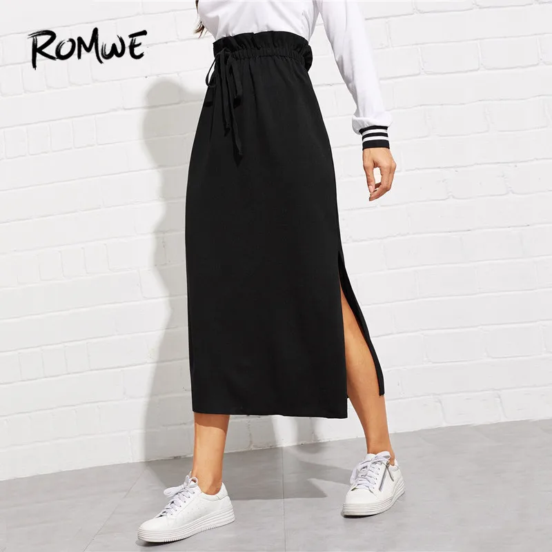 

ROMWE Paperbag Waist Split Side Midi Skirts Womens Casual High Waist Skirts Autumn Long Black Skirt Minimalist Ladies Skirts