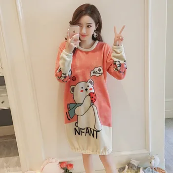 

2019 Winter Thick Warm Flannel Nightgowns for Women Long Sleeve Girls Cute Cartoon Coral Velvet Sleepwear Night Dress Nightdress