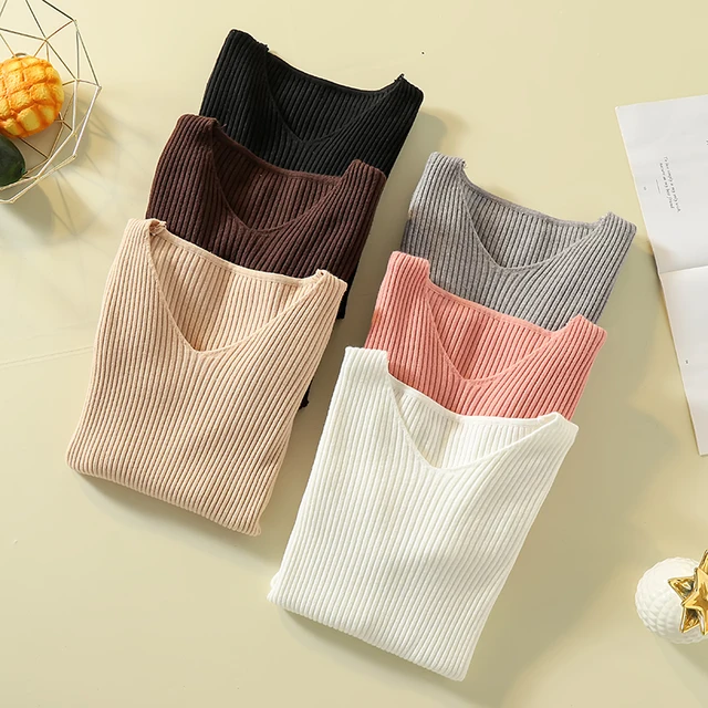 US $7.75 Pullover Knit Sweater Women 2019 Winter Clothes Women Jumper V Neck Soft Rib Knitted Winter Tops Kn