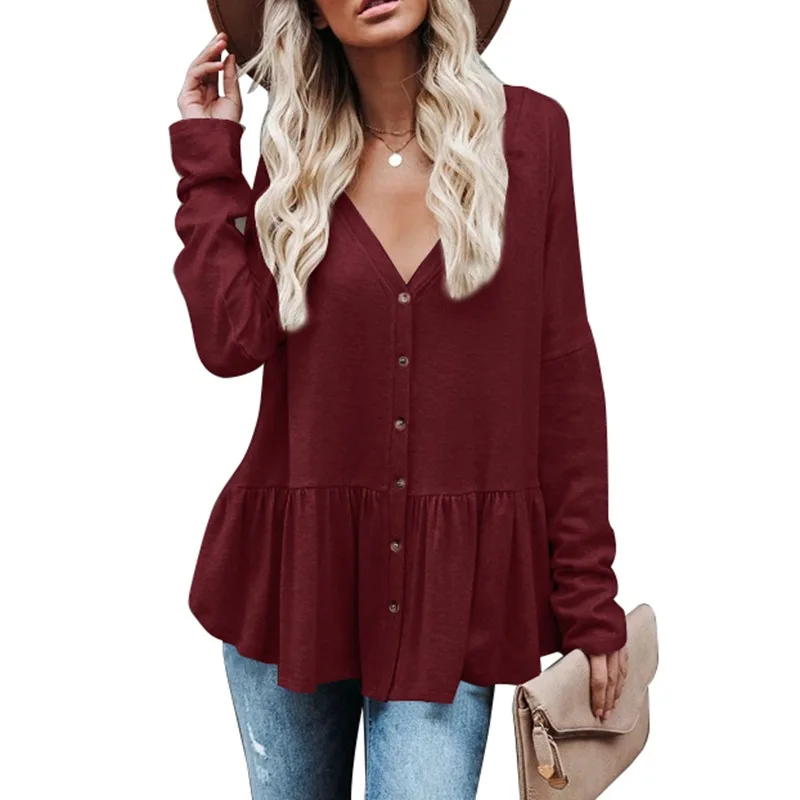 Xl Women's Coat Buttoned Cardigan Thin Coat Women's Solid Color Button Irregular Pleated Hem Long Sleeve Top Plus Size