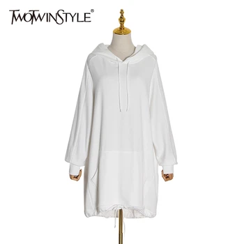 

TWOTWINSTYLE Casual Sweatshirt Women Hooded Batwing Long Sleeve Loose Lace Up Long Hoodies Female Clothing 2020 Fashion Tide