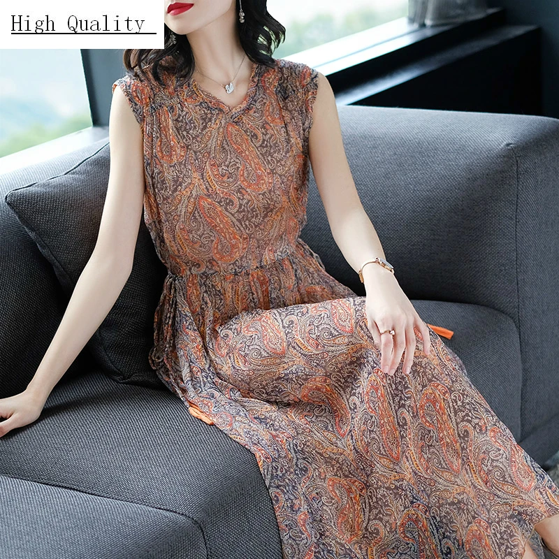 

Long Dresses Woman Party Night Sleeveless Print Summer Dress Elegant Slim Silk Office Dress Ladies Clothes 2020 LWL1496