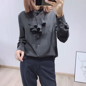 

Women Shirt 2020 Early Spring Stitching Solid Black 100% Silk Shirt