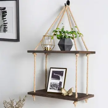 

Hemp Rope Decorative Shelf Board Two-layer Storage Racks Sundries Organizer Wall Decoration for Home Office Bedroom