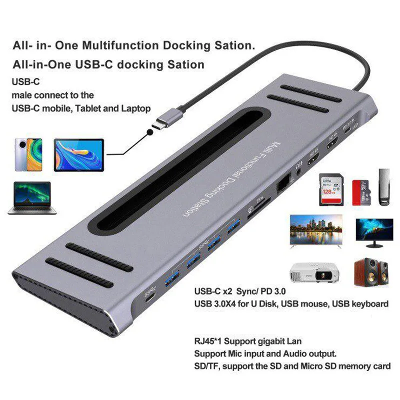 12 in 1 Type-C HUB docking station for laptop HDMI-compatible VGA RJ45 PD SD Multi USB3.0 For MacBook Surface Compatible 12-in-1
