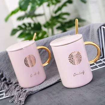 

"Pink Life ver2" Beautiful Ceramic Mug with Lid Spoon Tea Milk Coffee Cups Girls Home Office Drinkware Gift