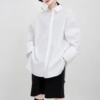 

Women 2020 Spring Autumn New Style Pure Color White Lapel Shirt Long Sleeve Single Breasted Cotton Shirt Temperament Big Size